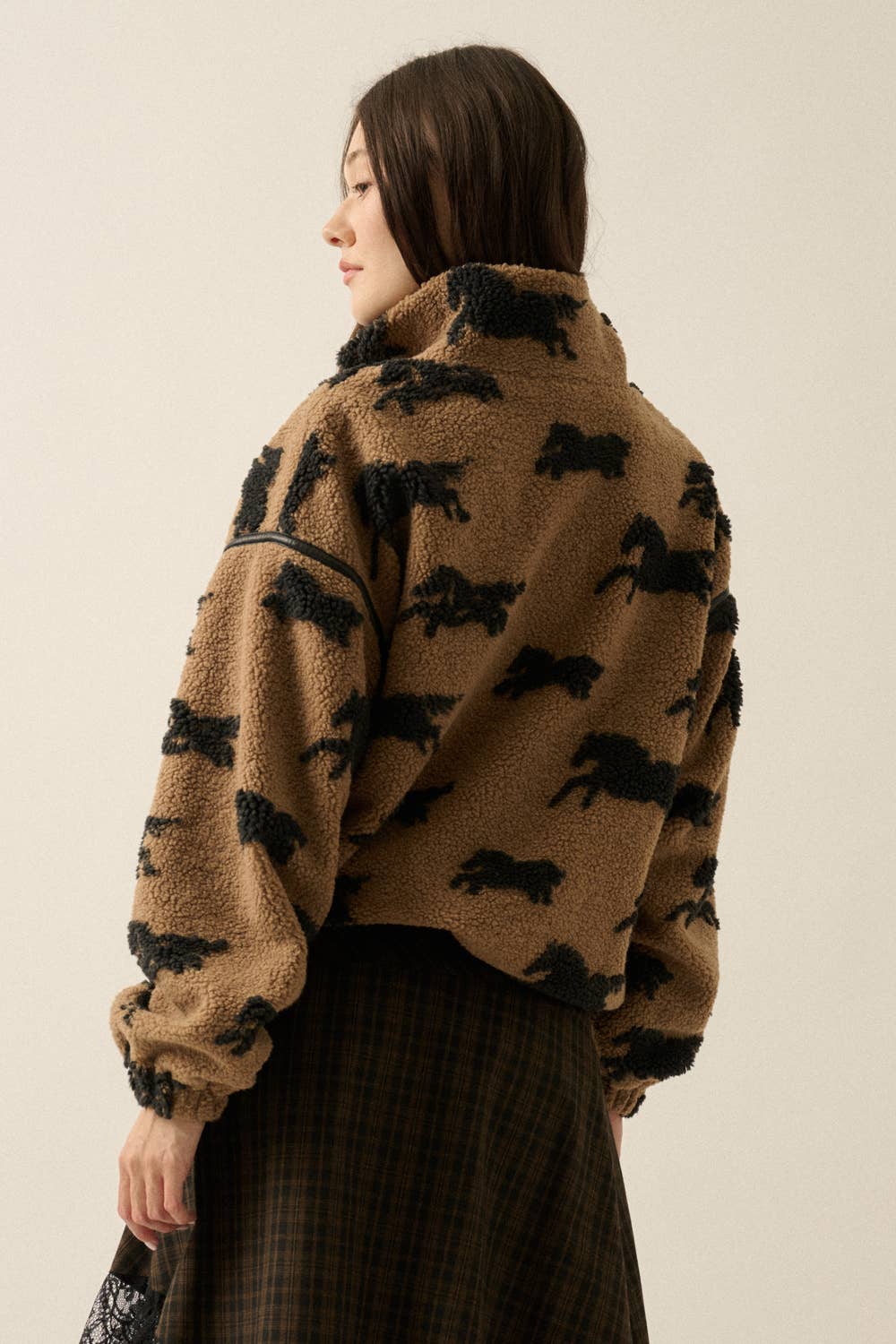 Horses Jacquard Sherpa Fleece Zip-Up High-Collar Jacket