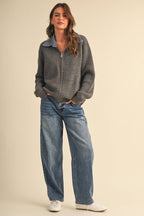LONGSLEEVED ZIP UP JACKET WITH DENIM COLLAR DETAIL