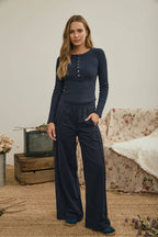FITTED LONG SLEEVE RIBBED HENLEY KNIT TOP (multiple colors)
