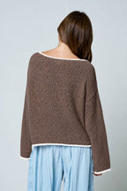 BOAT NECK CONTRAST TRIM LONG SLEEVE KNIT SWEATER