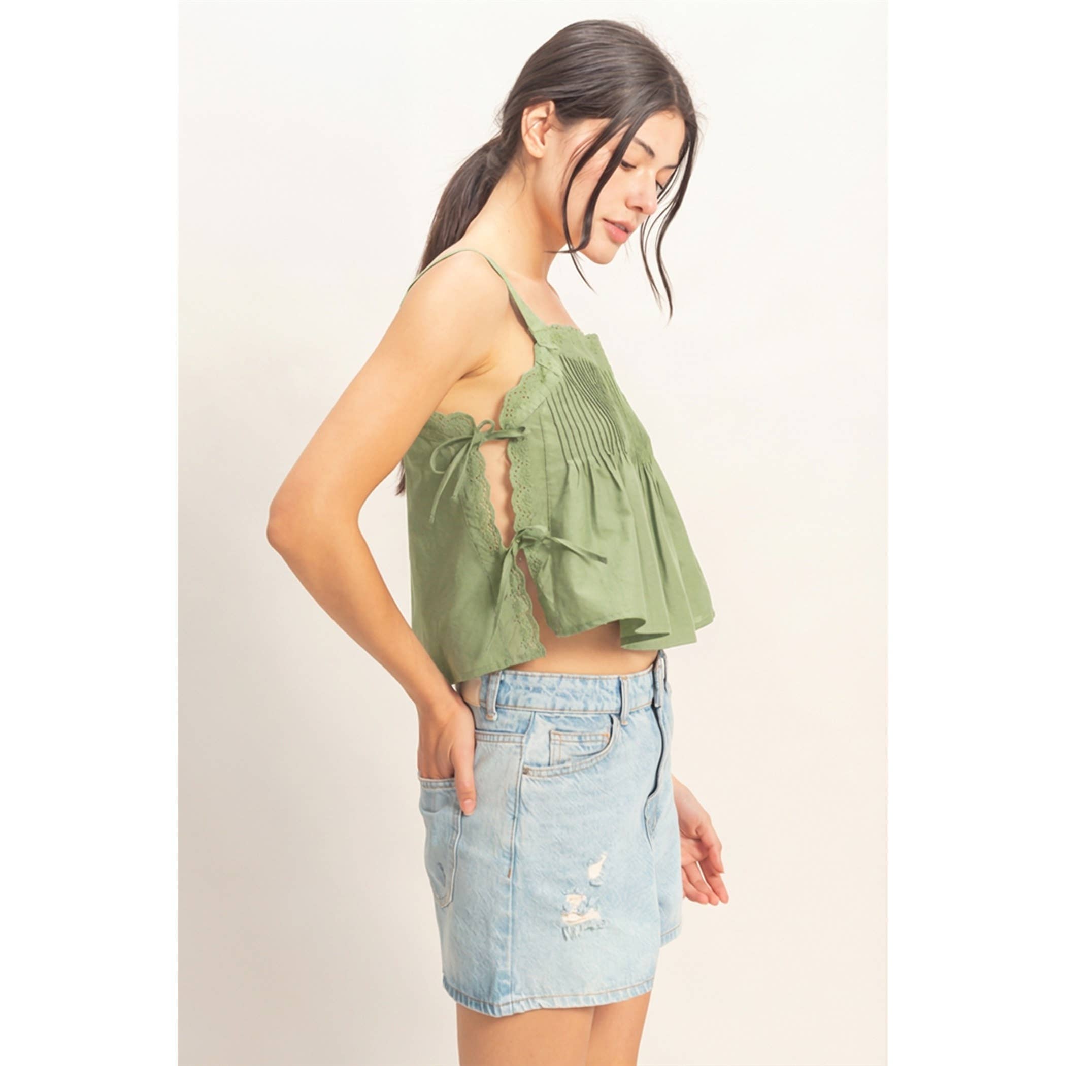 Pleated Lace Trim Tank