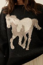 Horse Jacquard-Knit Loose-Fit Drop-Shoulder Sweater