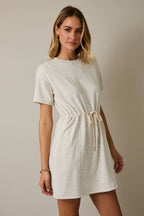 ROUND NECK SHORT SLEEVE WAIST TIE MINI DRESS