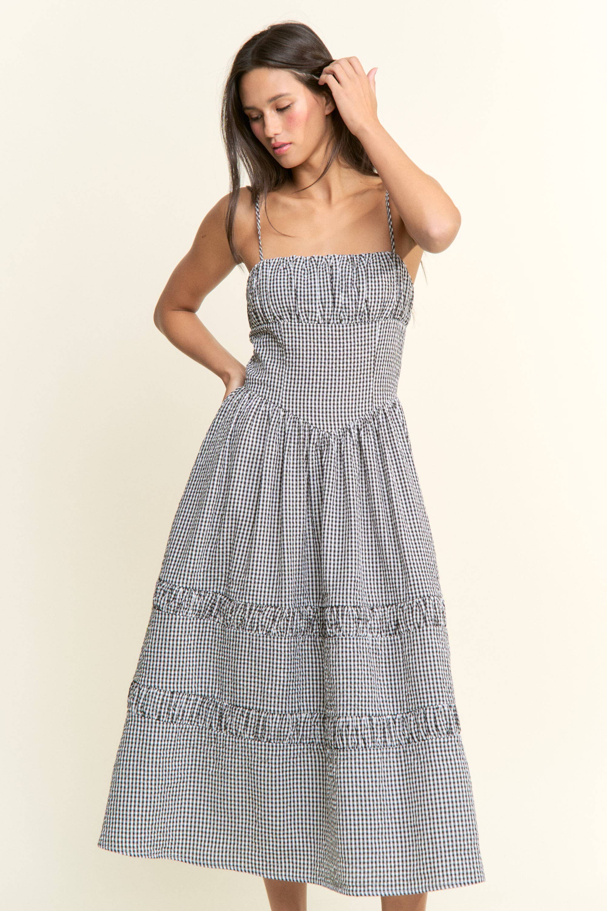 Gingham Smocked Bodice Tiered Midi Dress