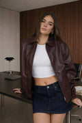 FAUX LEATHER COLLARED ZIP-UP BOMBER JACKET