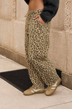 LEOPARD PRINT DRAWSTRING BARREL PANTS