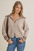 HARBOR MORNING WOOL STRIPE SAILOR COLLAR ZIP SWEATER JACKET