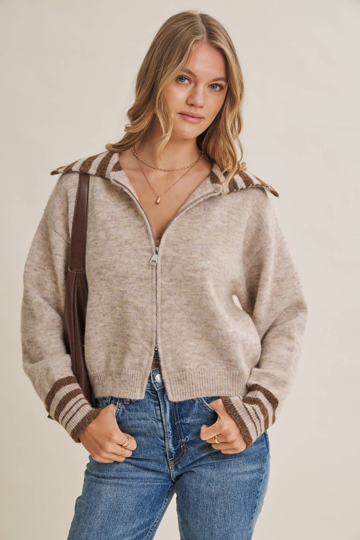 HARBOR MORNING WOOL STRIPE SAILOR COLLAR ZIP SWEATER JACKET