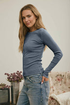 BUTTON FRONT ROUND NECK LONG SLEEVE KNIT TOP (multiple colors)