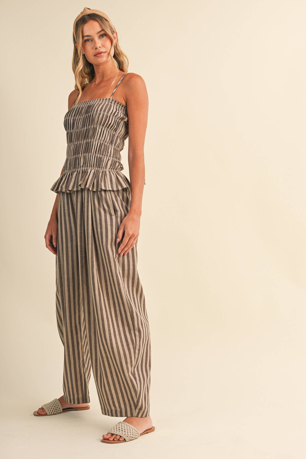 STRIPED RUFFLE HEM SMOCKED TOP PLAID WIDE LEG PANTS