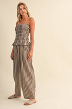 STRIPED RUFFLE HEM SMOCKED TOP PLAID WIDE LEG PANTS