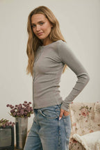 BUTTON FRONT ROUND NECK LONG SLEEVE KNIT TOP (multiple colors)