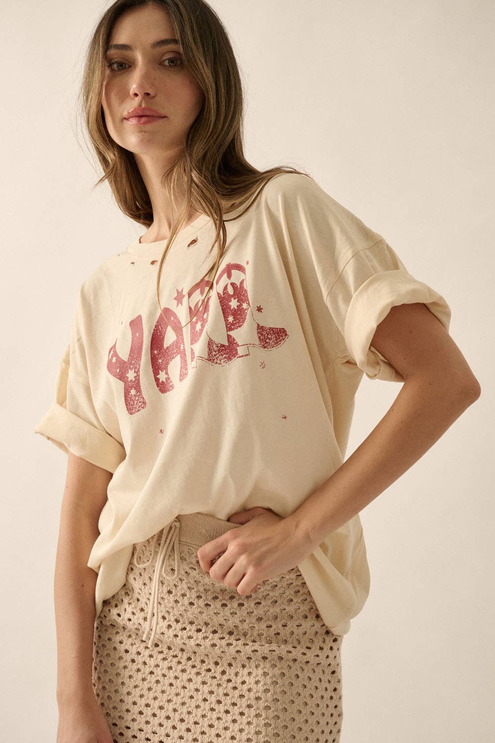 Yall Cowboy Distressed Vintage-Wash Western Graphic Tee