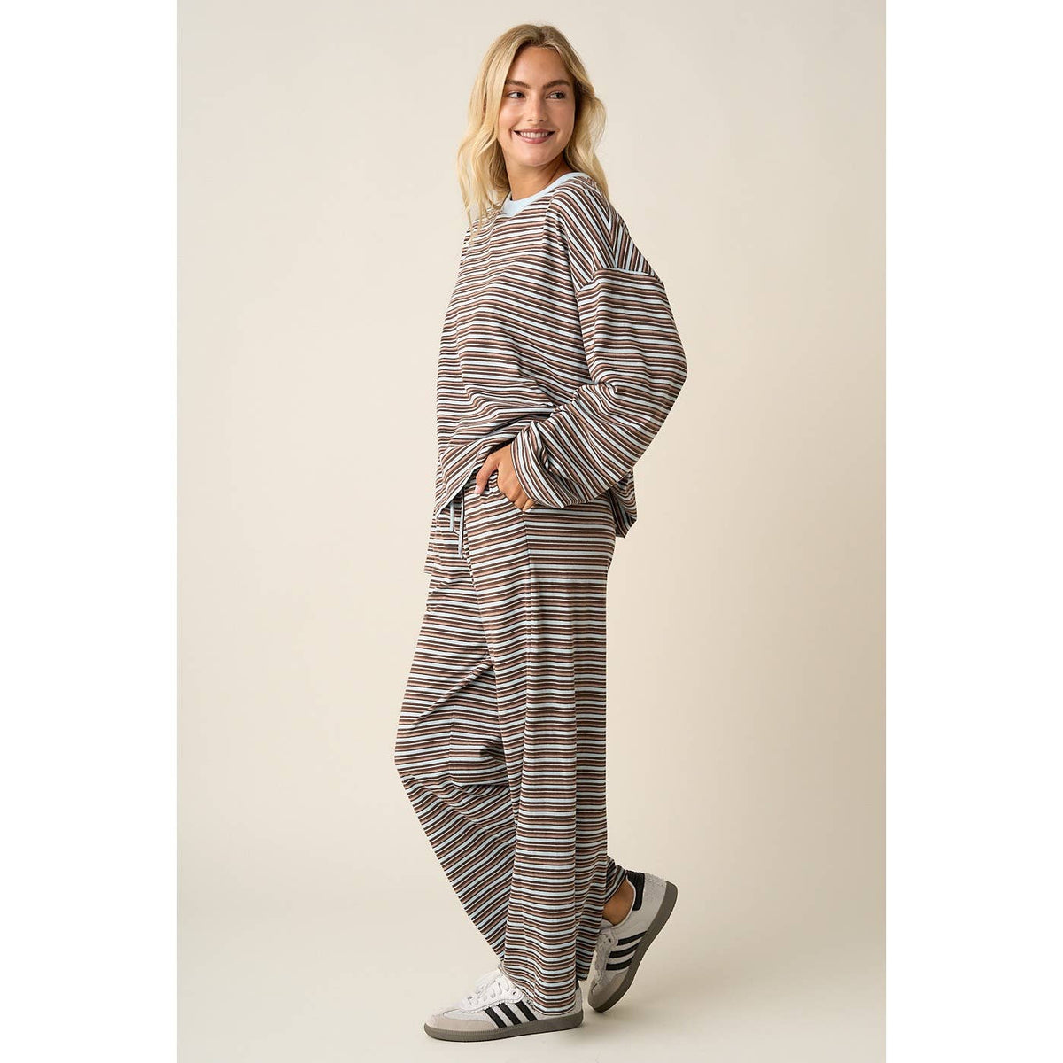 STRIPED LONG SLEEVE AND WIDE LEG PANTS CASUAL SET