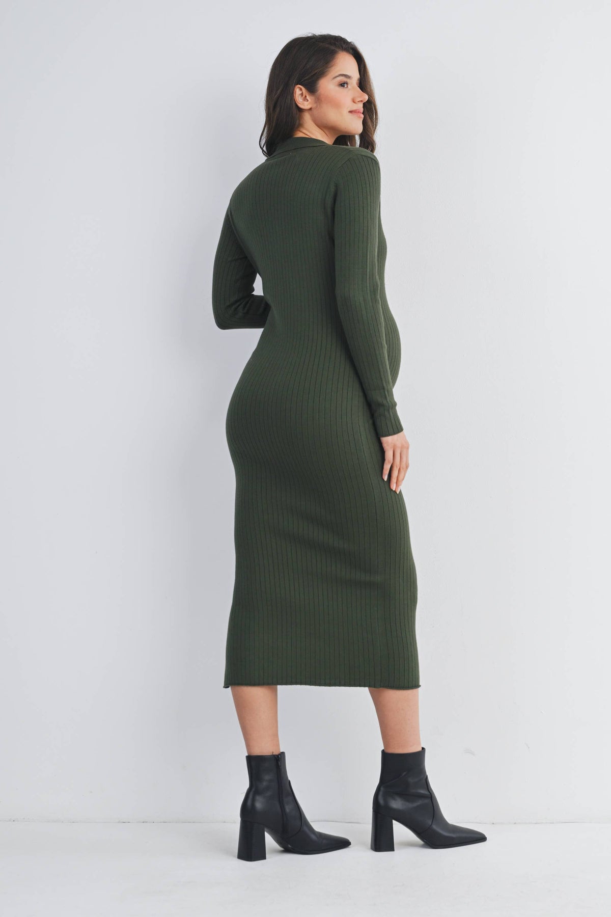 Ribbed Long Sleeve Maternity Collared Midi Dress (multiple colors)