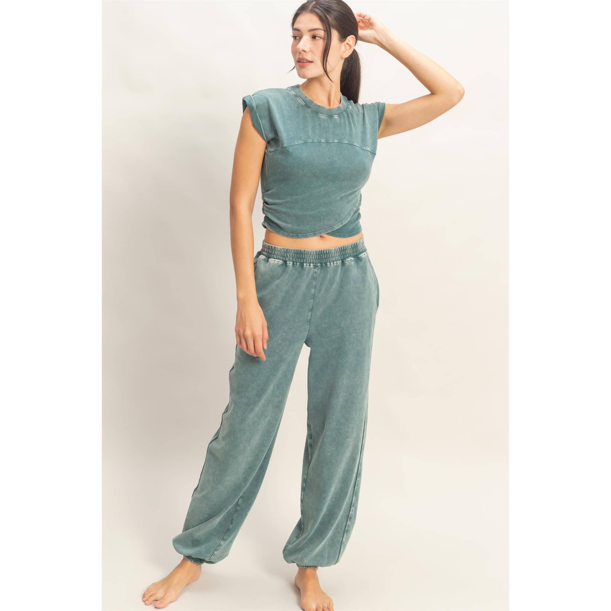Rolled Sleeve Wrap-Front Crop Top And Jogger Set