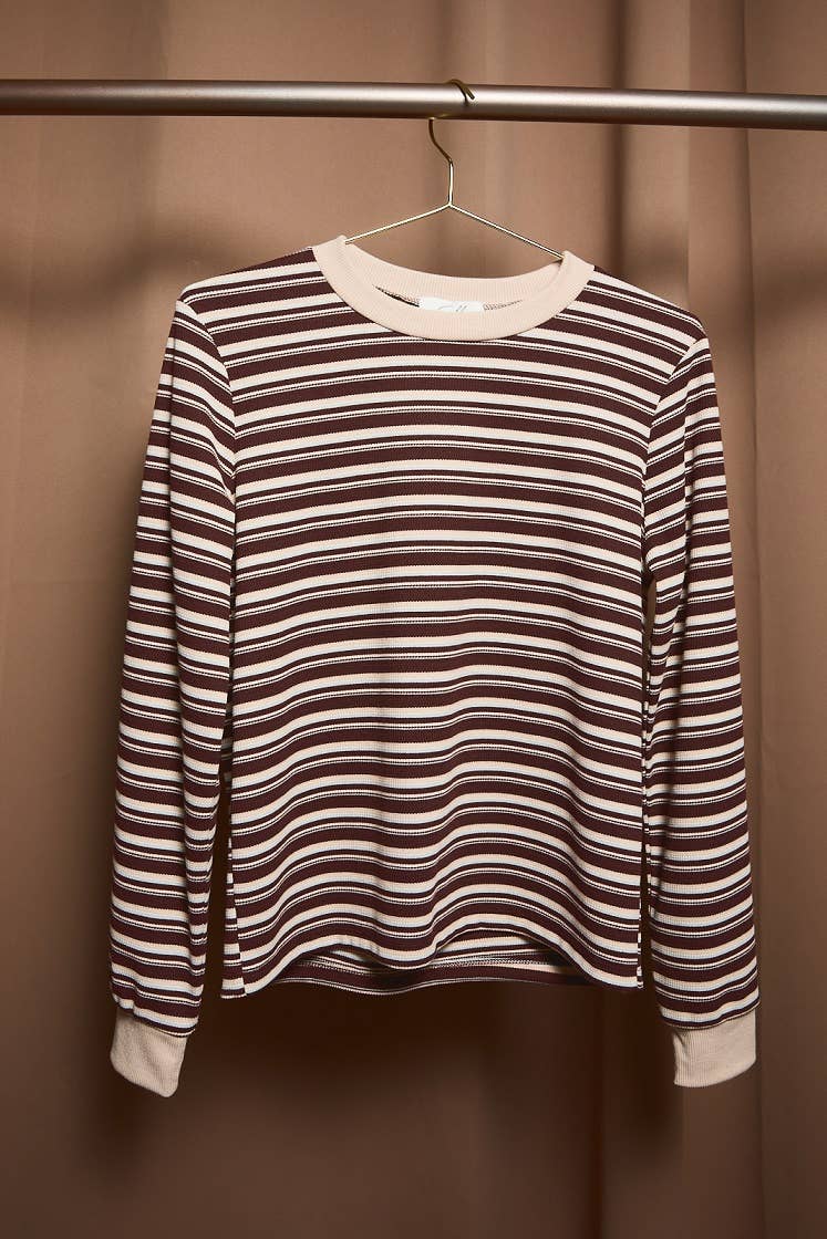 Brown Multi Stripe Crew Neck Long Sleeve Top