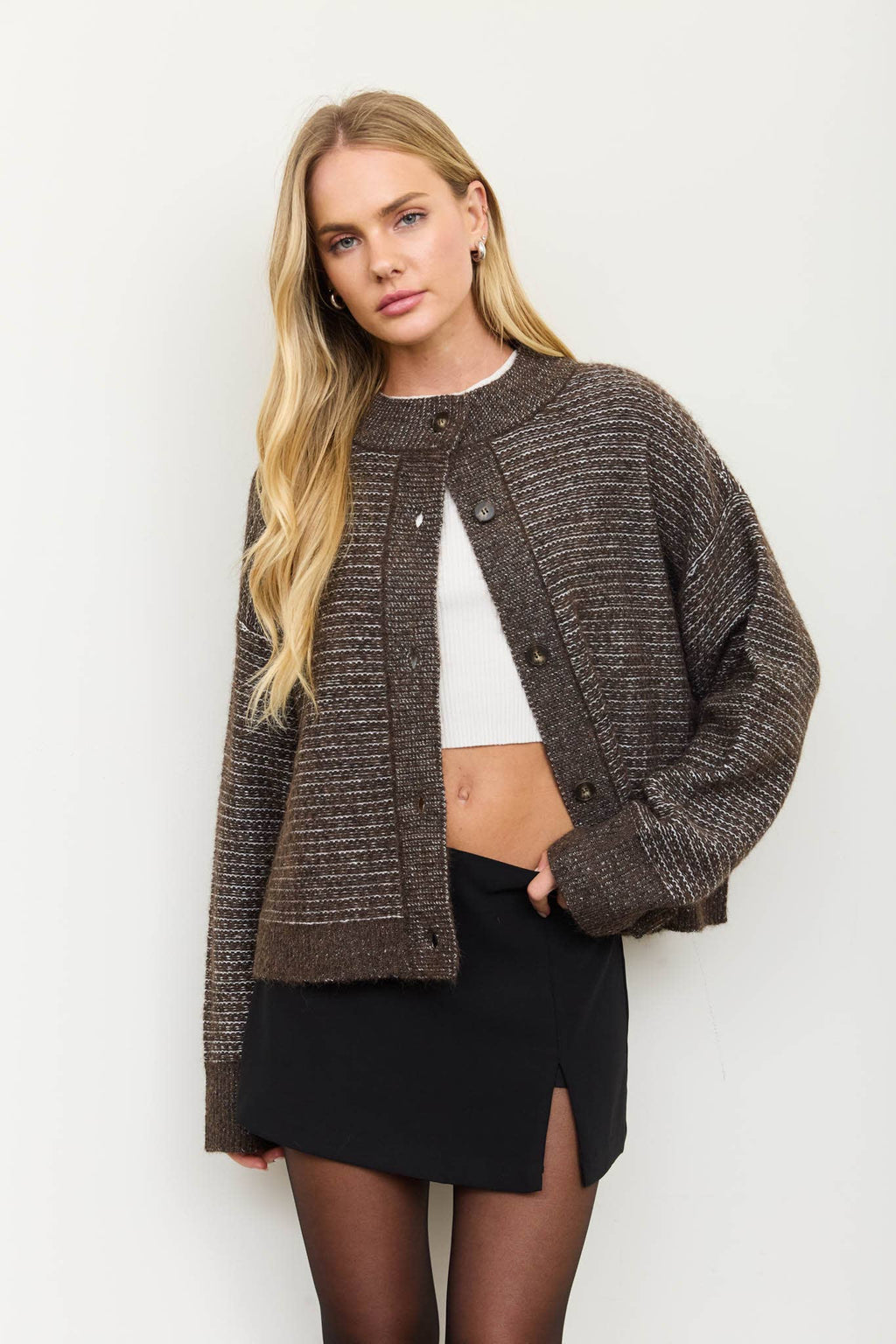 MARLED RIBBED TRIM BUTTON DOWN KNIT CARDIGAN