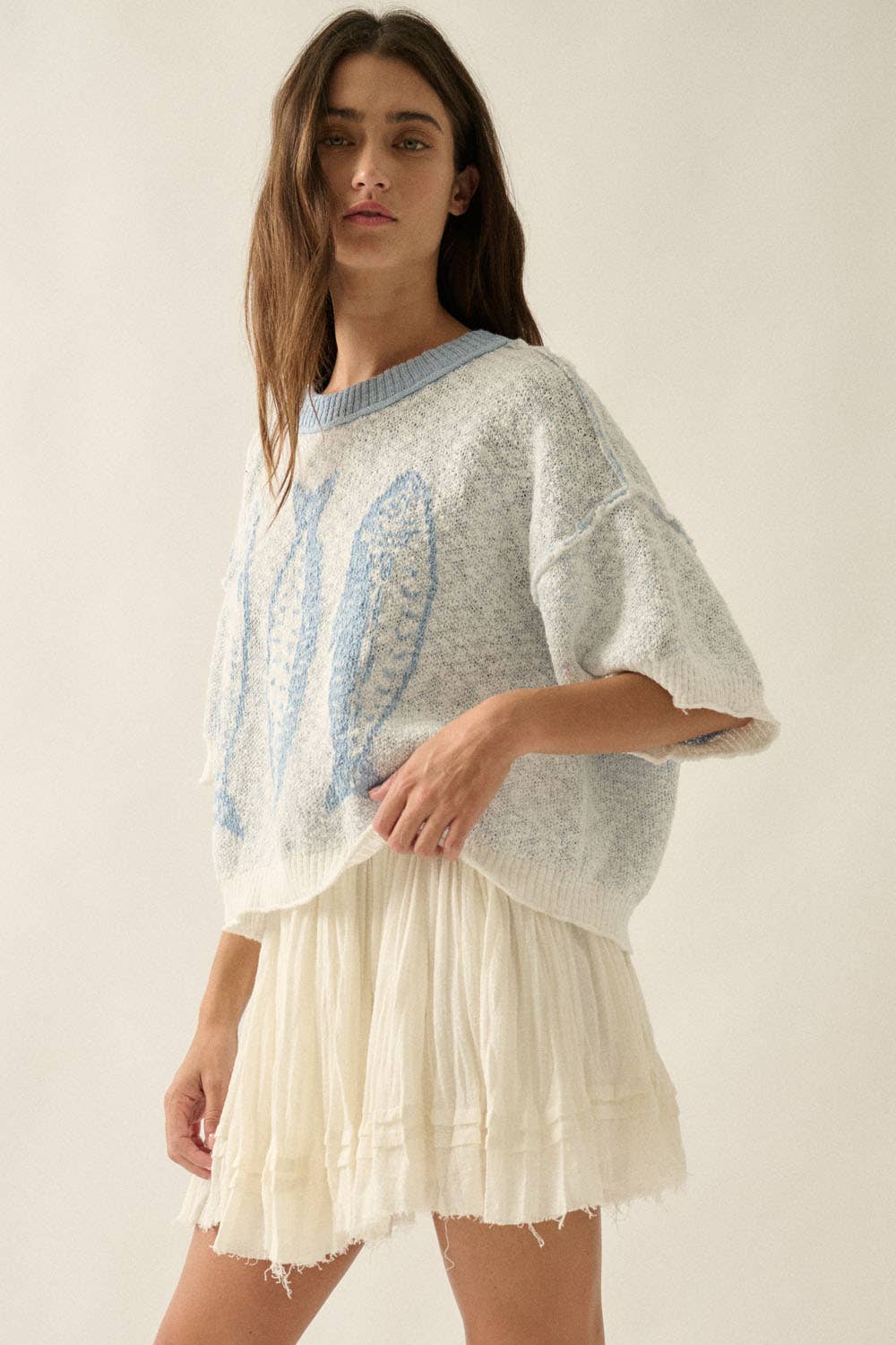 Three Fishes Textured Jacquard-Knit Short-Sleeve Sweater