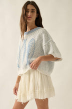 Three Fishes Textured Jacquard-Knit Short-Sleeve Sweater
