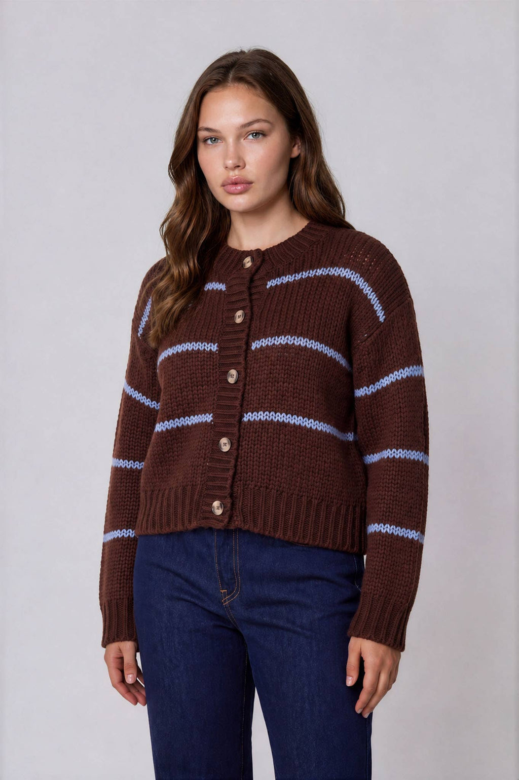 PLUS STRIPE JACQUARD BUTTON DOWN KNIT CARDIGAN