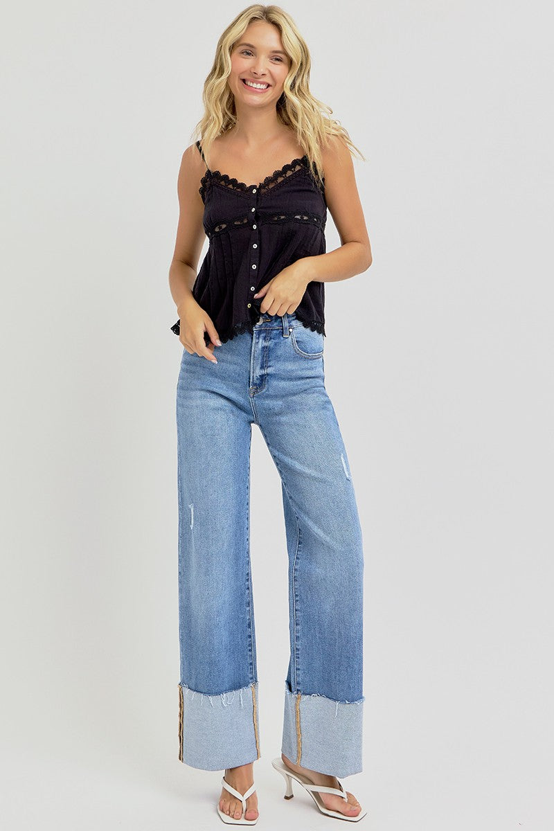 High Rise Ankle Wide Cuffed Jeans