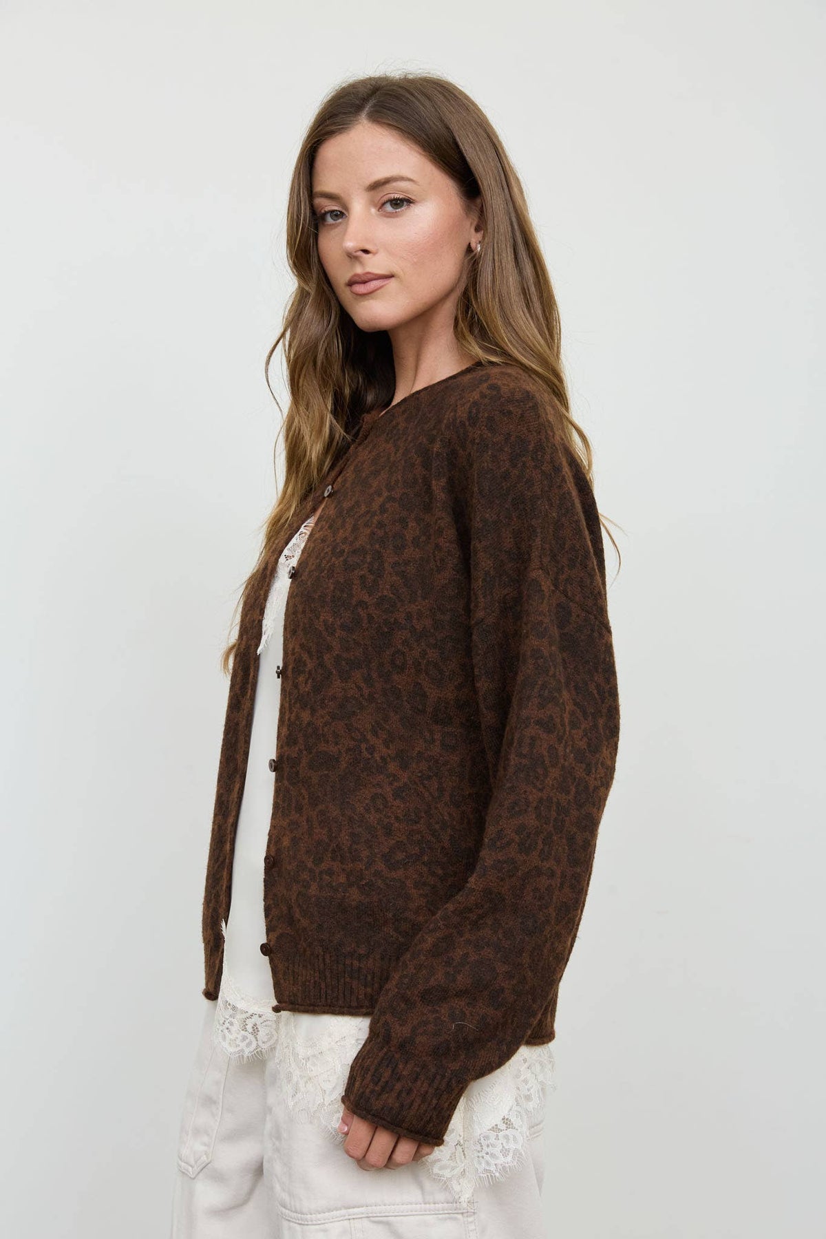 LEOPARD ROLLED EDGE BUTTON DOWN CARDIGAN