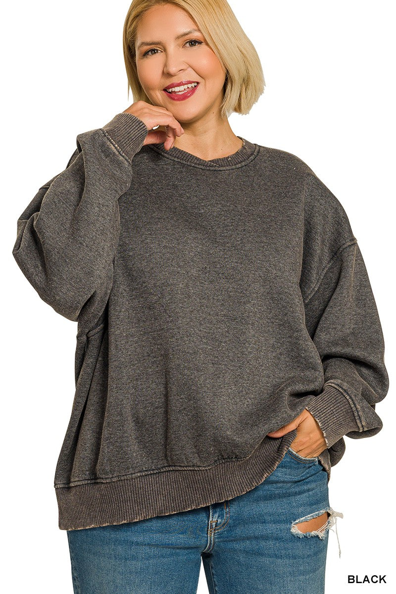 Plus Acid Wash Oversized Fleece Pullover