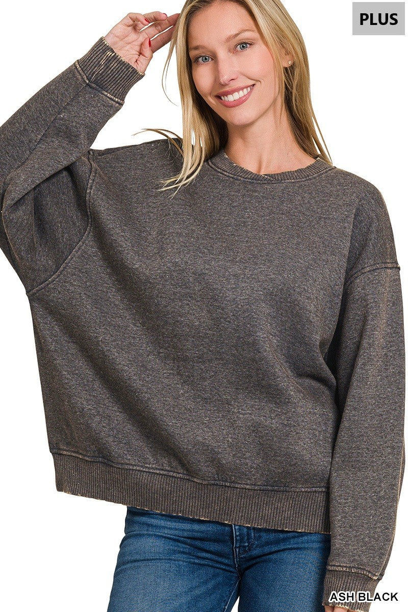 Plus Acid Wash Oversized Fleece Pullover