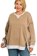 Plus Fleece Acid Washed Contrast Trim Pullover