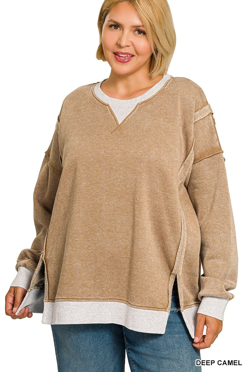 Plus Fleece Acid Washed Contrast Trim Pullover