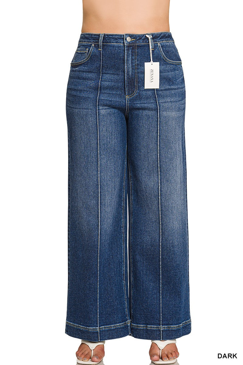 Plus High Rise Wide Leg Pintuck Denim Pants
