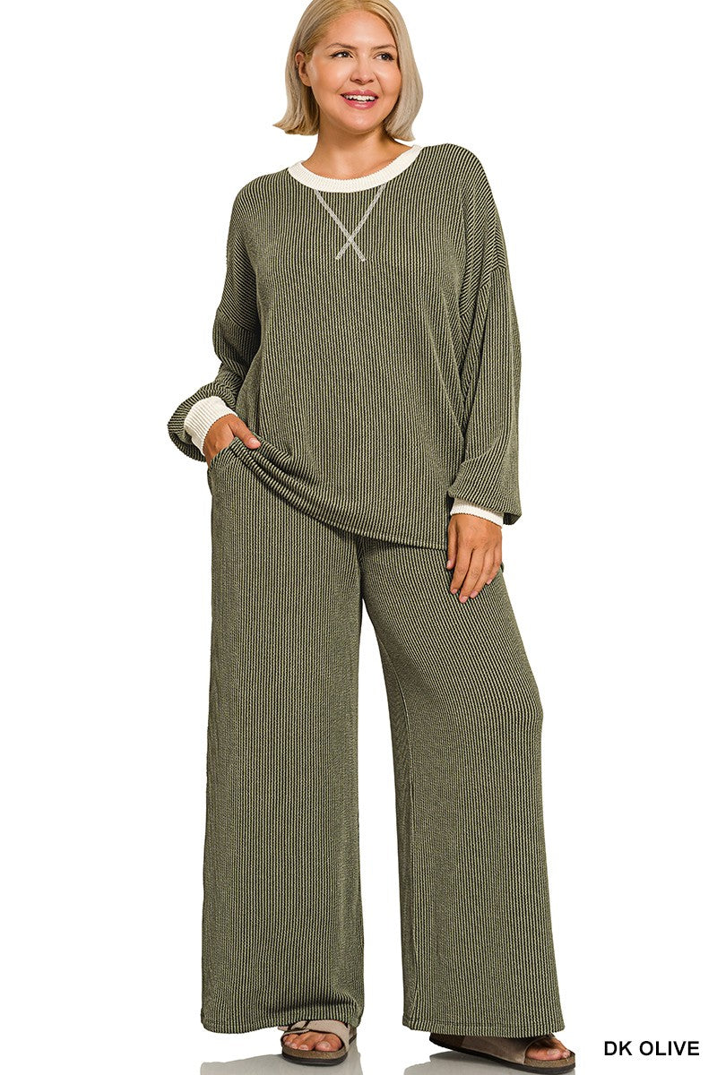 Plus Raised Rib Round Neck Pullover & Pants Set