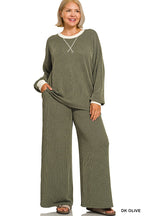 Plus Raised Rib Round Neck Pullover & Pants Set