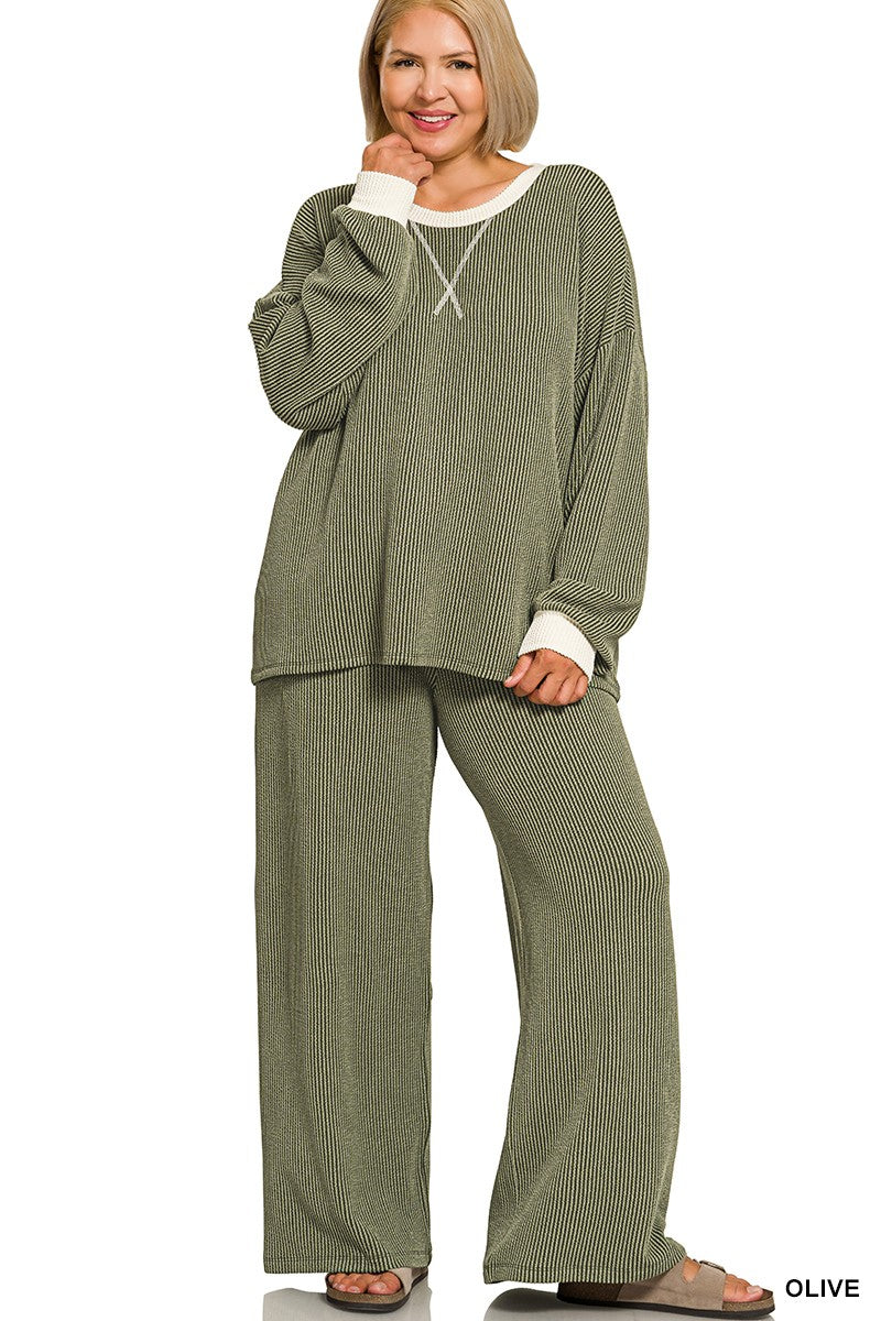 Plus Raised Rib Round Neck Pullover & Pants Set