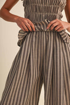 STRIPED RUFFLE HEM SMOCKED TOP PLAID WIDE LEG PANTS