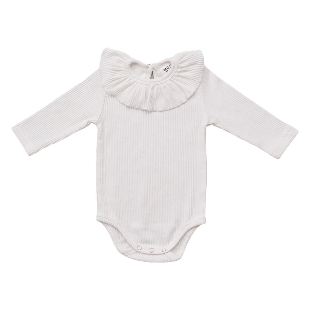 White Ribbed Ruffle Bodysuit