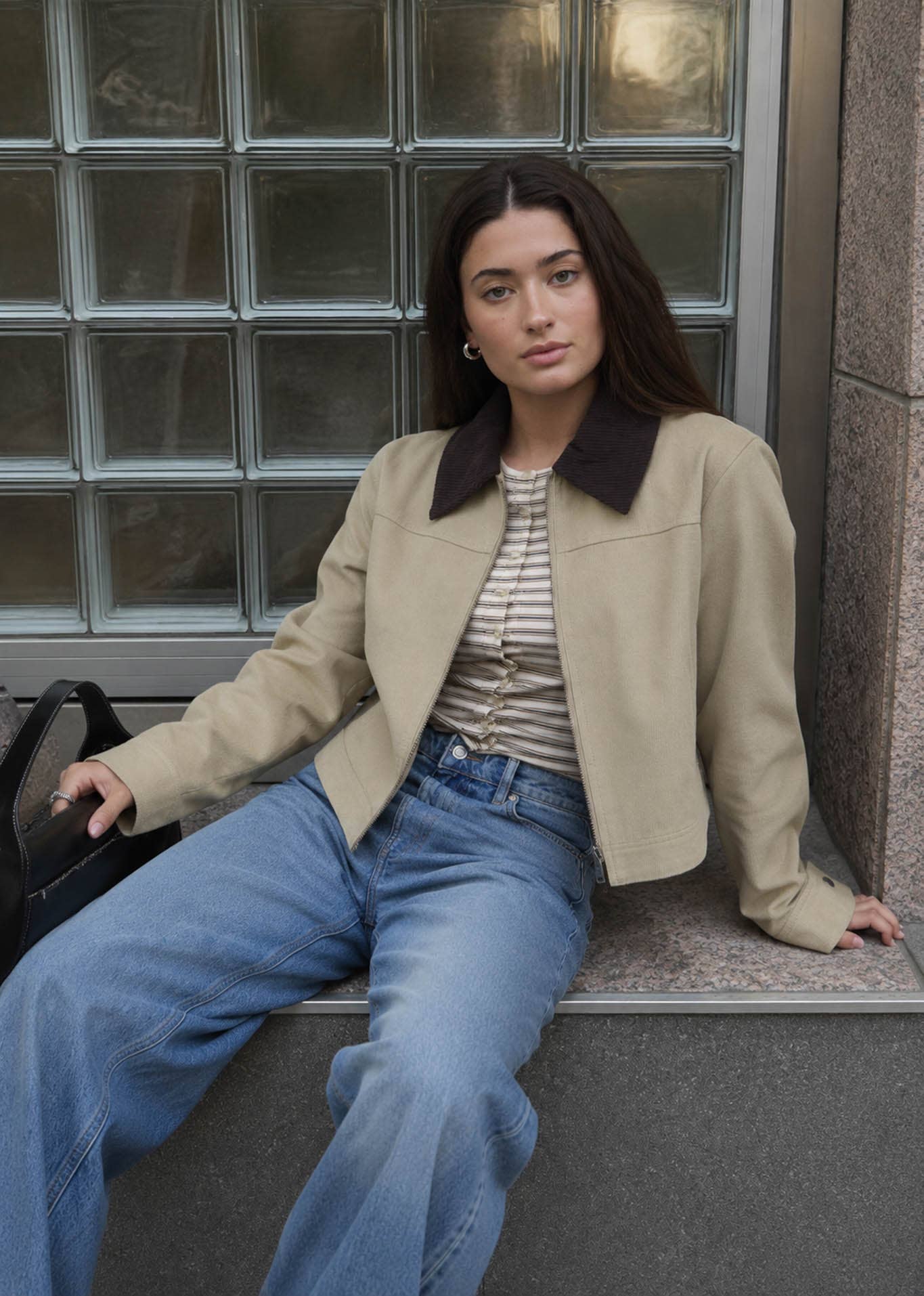 CONTRAST CORDUROY COLLAR ZIP-UP JACKET