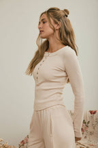 FITTED LONG SLEEVE RIBBED HENLEY KNIT TOP (multiple colors)