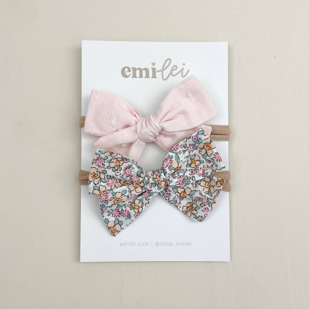 Nylon Stretchy Bow Headband Set - Pastel Floral/Soft Pink