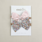 Nylon Stretchy Bow Headband Set - Pastel Floral/Soft Pink