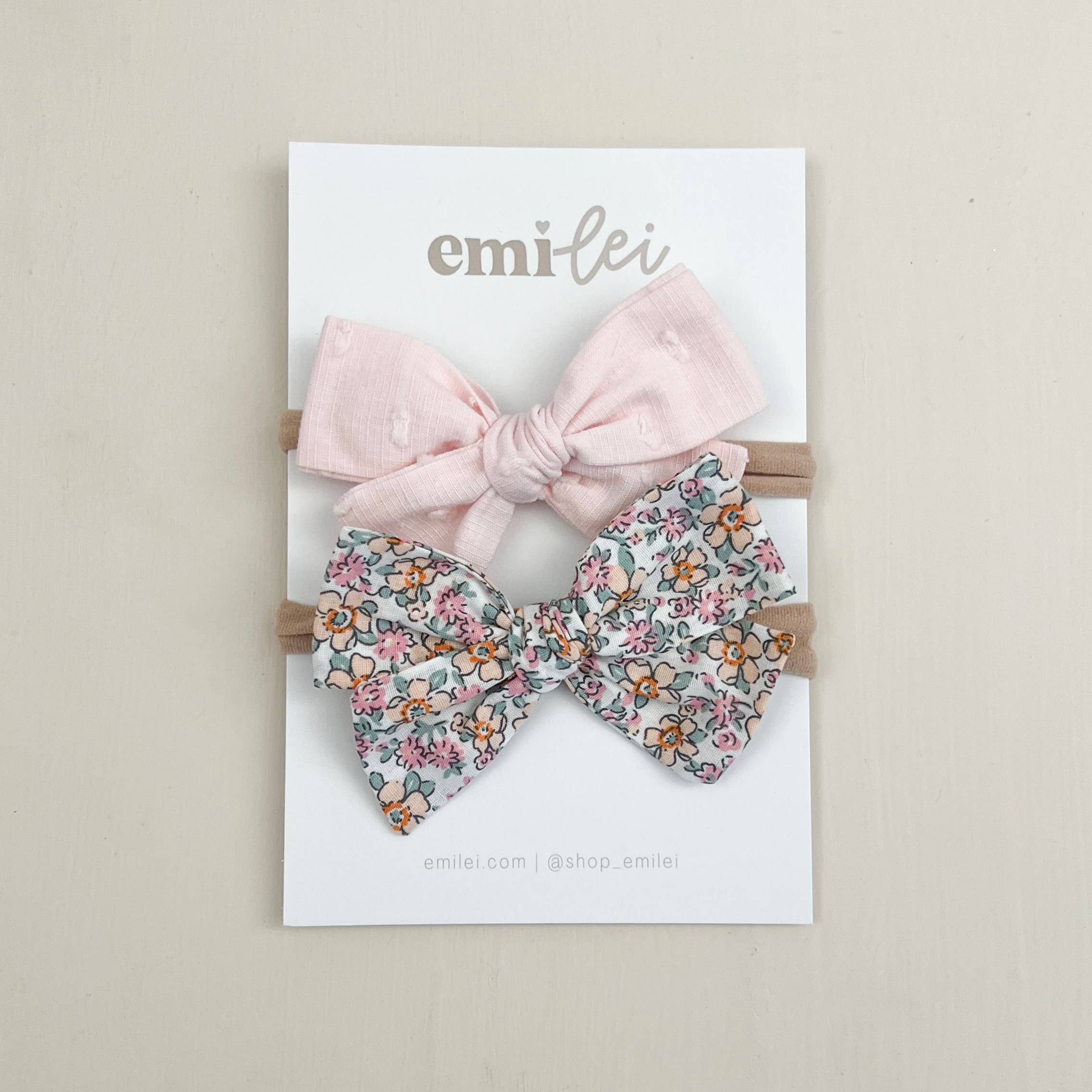 Nylon Stretchy Bow Headband Set - Pastel Floral/Soft Pink