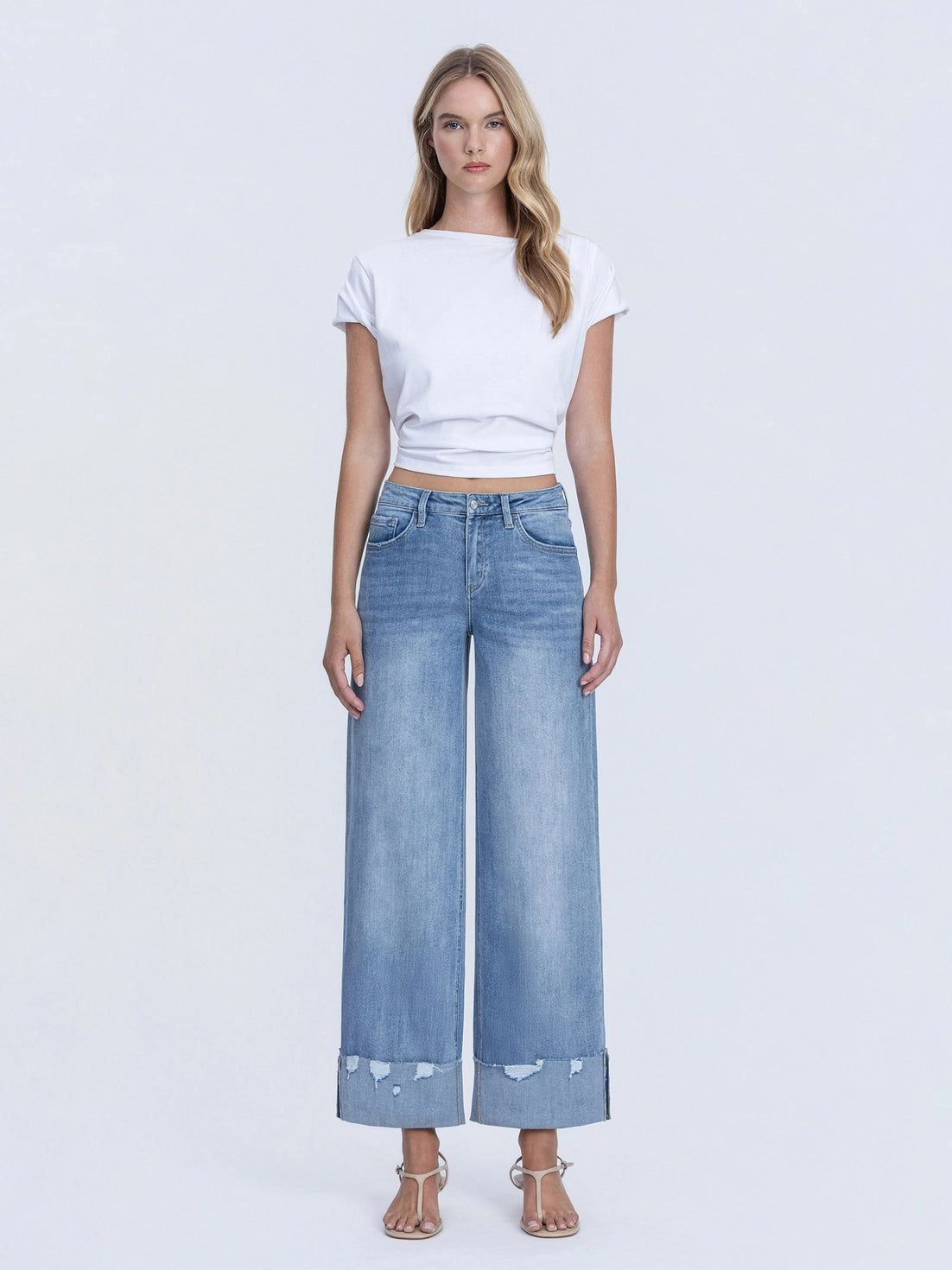 High Rise Medium Wash Cuffed Wide Jeans