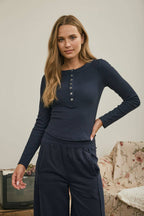 FITTED LONG SLEEVE RIBBED HENLEY KNIT TOP (multiple colors)