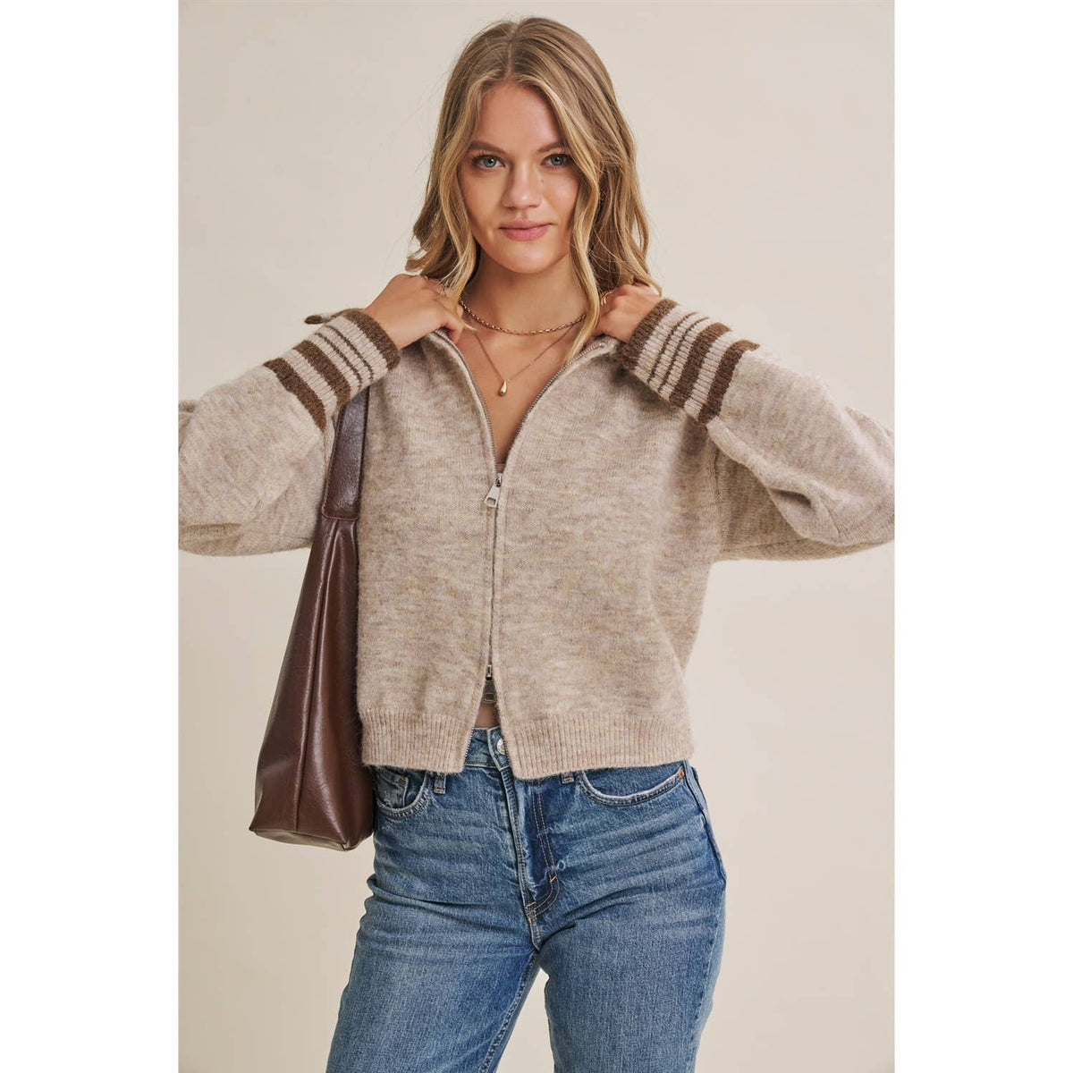 HARBOR MORNING WOOL STRIPE SAILOR COLLAR ZIP SWEATER JACKET