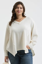 PLUS V NECK ASYMMETRICAL HEM LONG SLEEVE KNIT TOP
