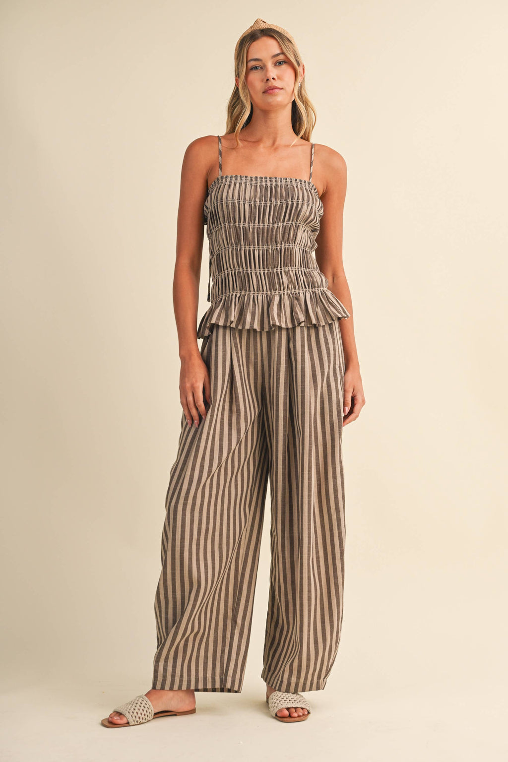 STRIPED RUFFLE HEM SMOCKED TOP PLAID WIDE LEG PANTS