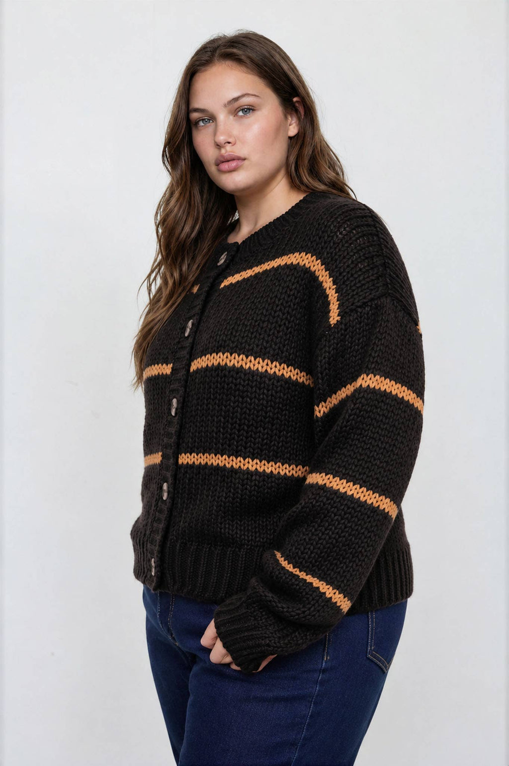 PLUS STRIPE JACQUARD BUTTON DOWN KNIT CARDIGAN