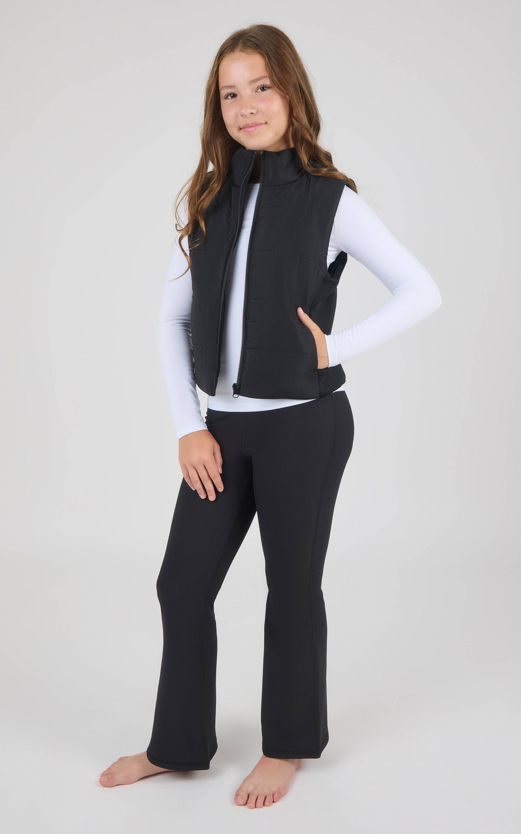 Tween Girls Puffer Vest, Long Sleeve Top, Flare Pants - Set