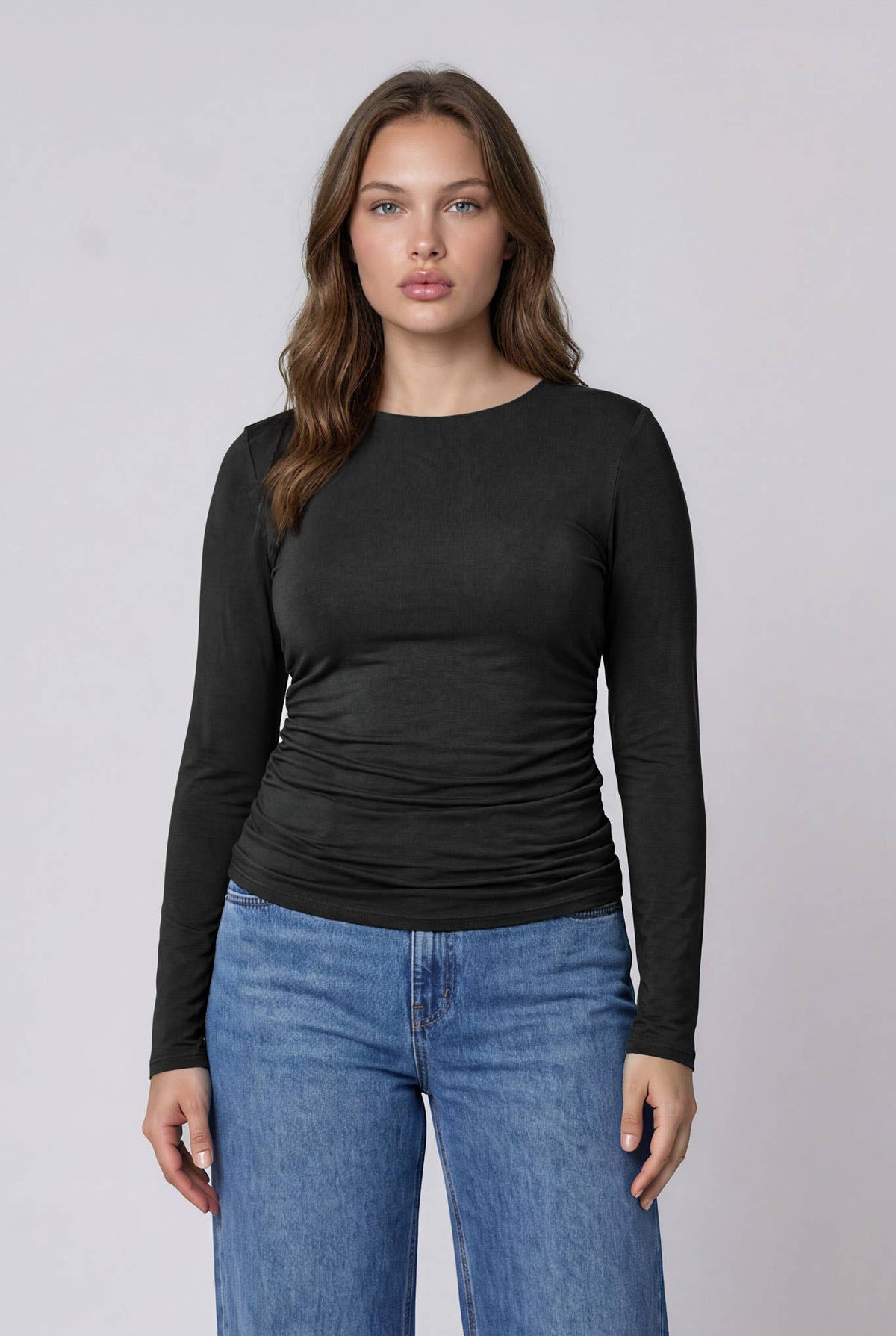 PLUS RUCHED SIDE LONG SLEEVE KNIT TOP